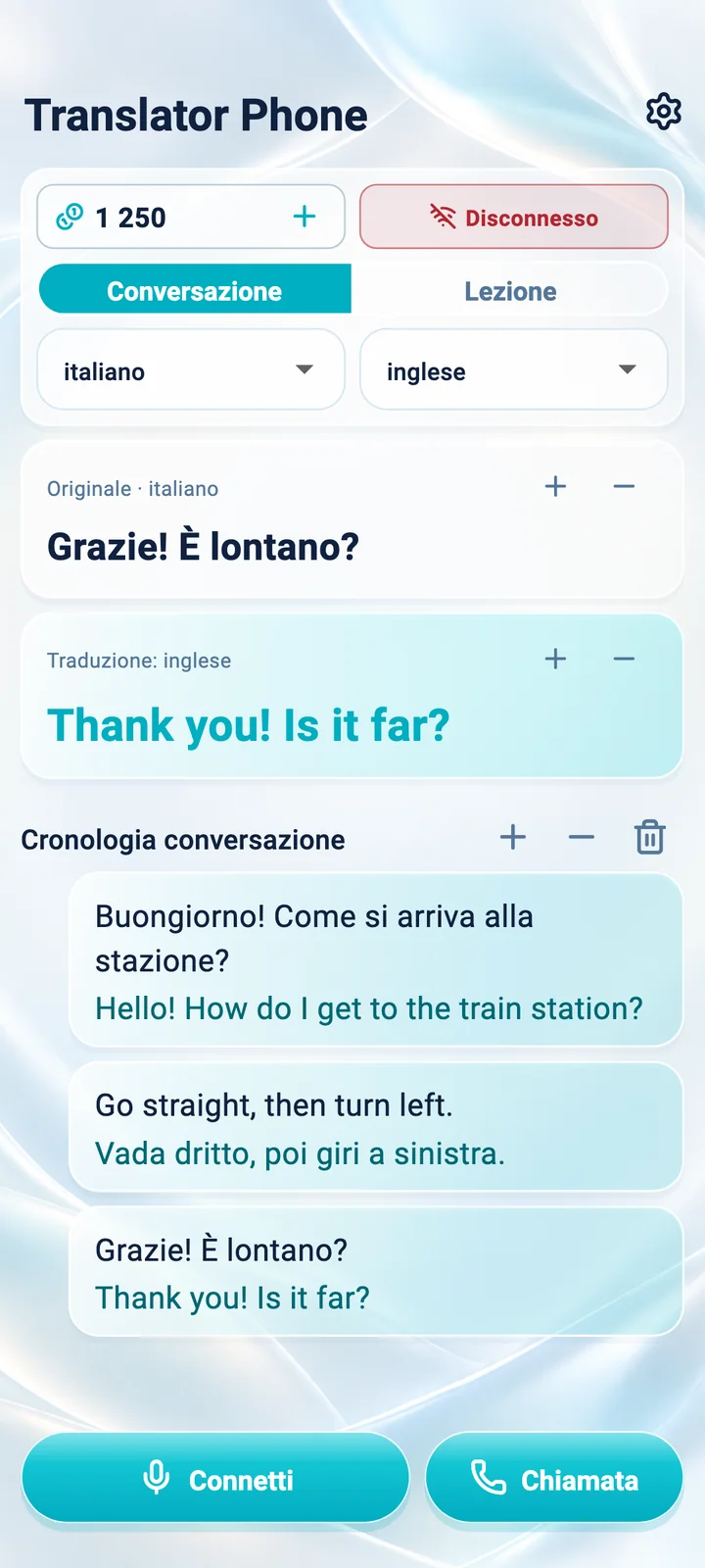 Android: schermata della modalità Conversazione nell’app Translator Phone