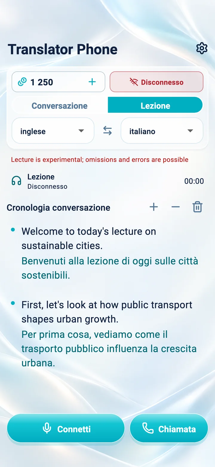 iPhone: schermata della modalità Lezione nell’app Translator Phone