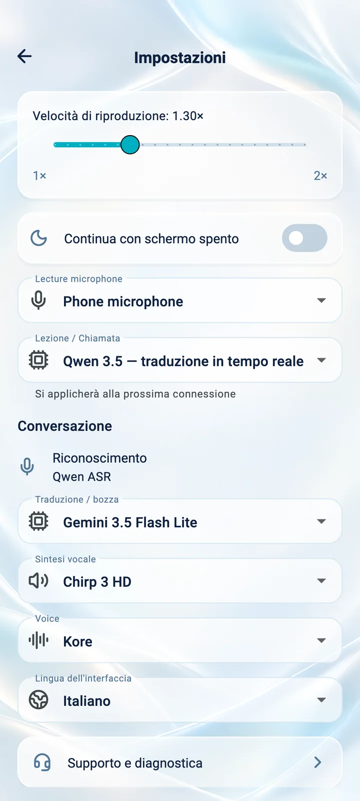 Impostazioni dell’app Translator Phone: velocità di riproduzione, microfono, voce e lingua dell’interfaccia