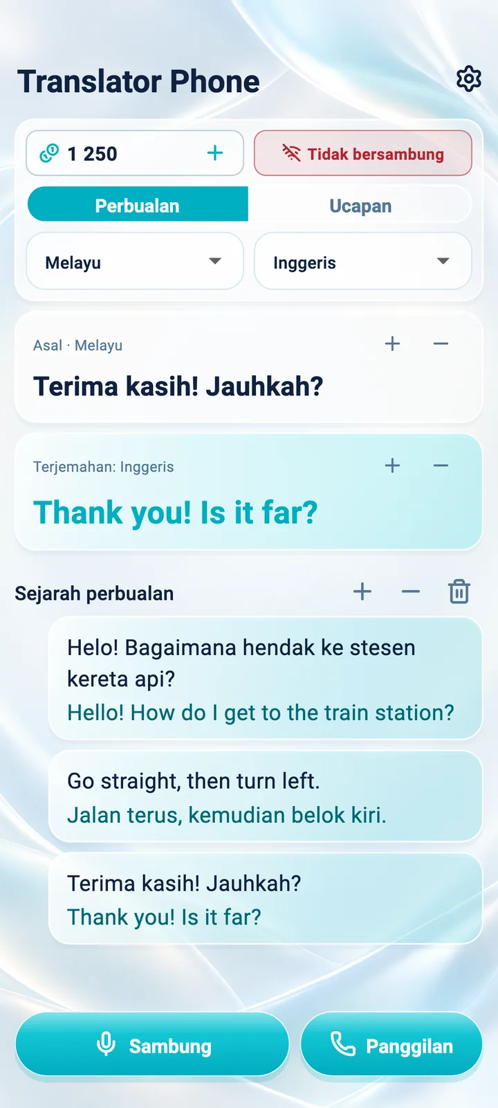Android: skrin mod Perbualan dalam aplikasi Translator Phone