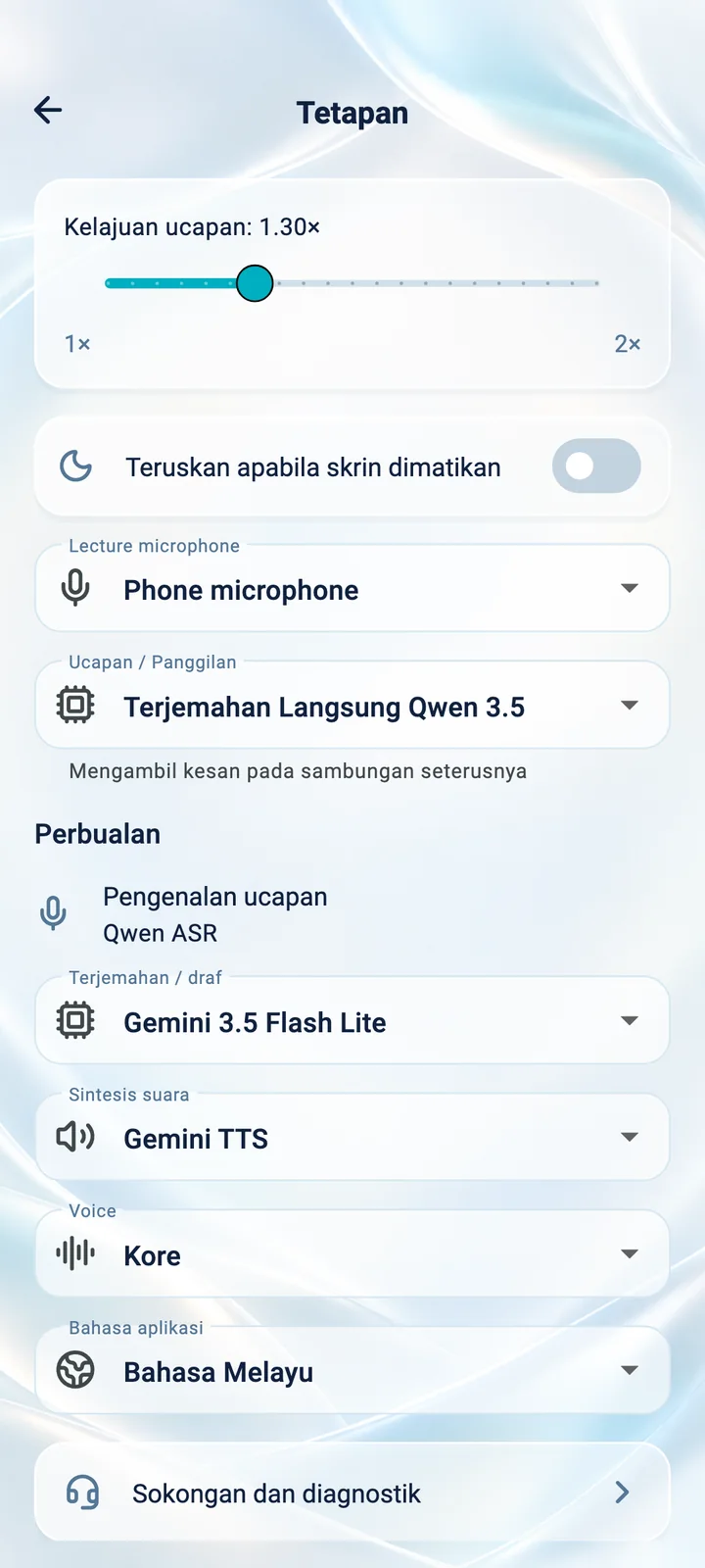 Tetapan aplikasi Translator Phone: kelajuan ucapan, mikrofon, suara dan bahasa aplikasi