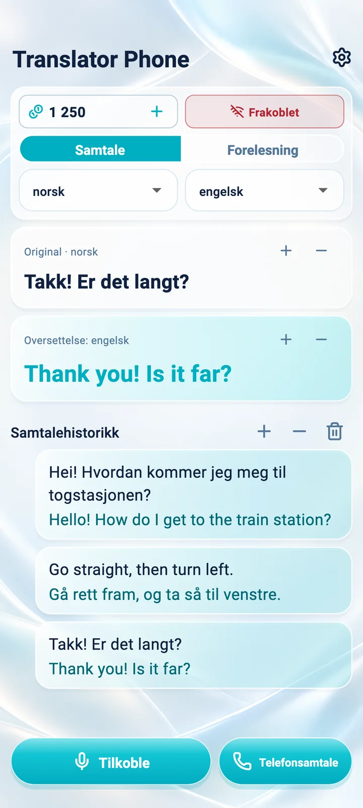 Android: skjermbilde av modusen «Samtale» i Translator Phone-appen