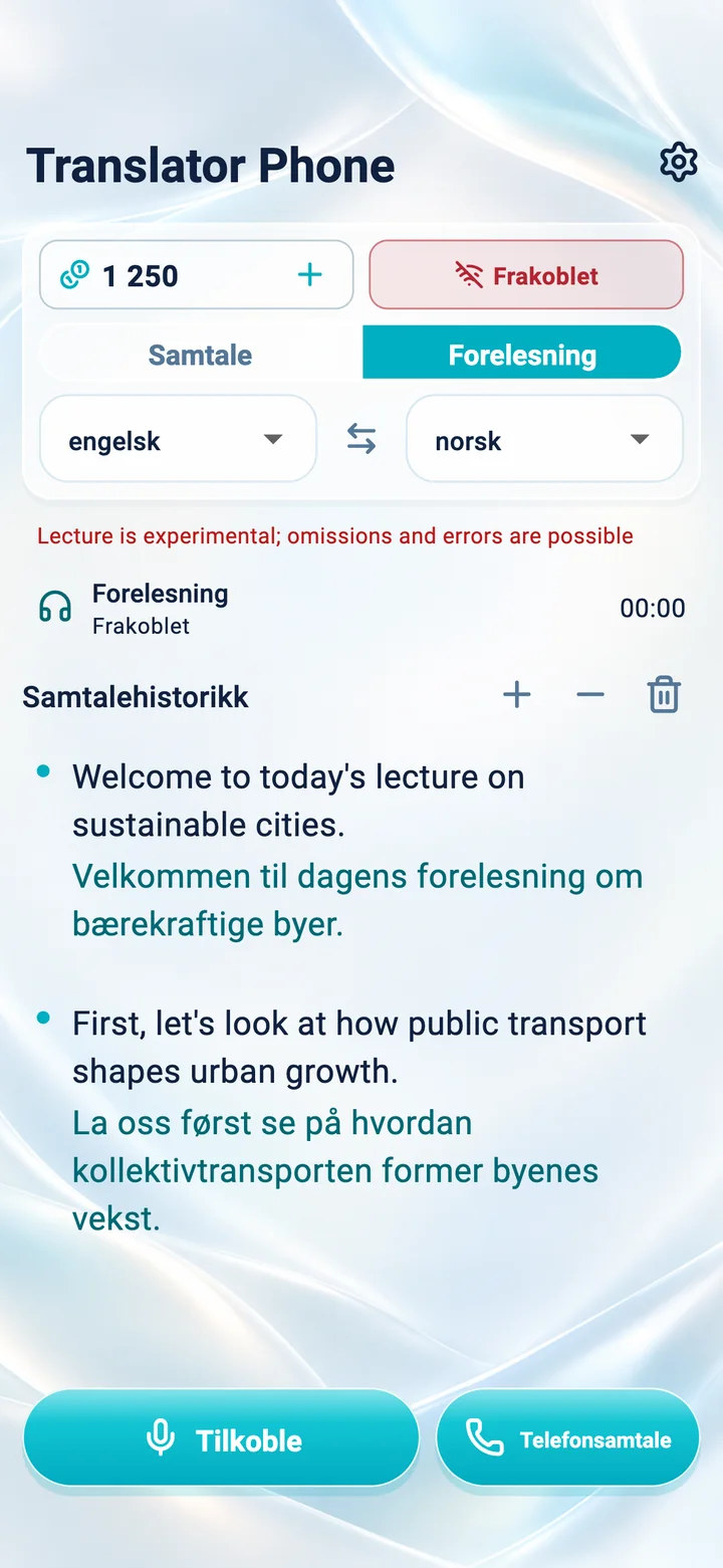 iPhone: skjermbilde av modusen «Forelesning» i Translator Phone-appen