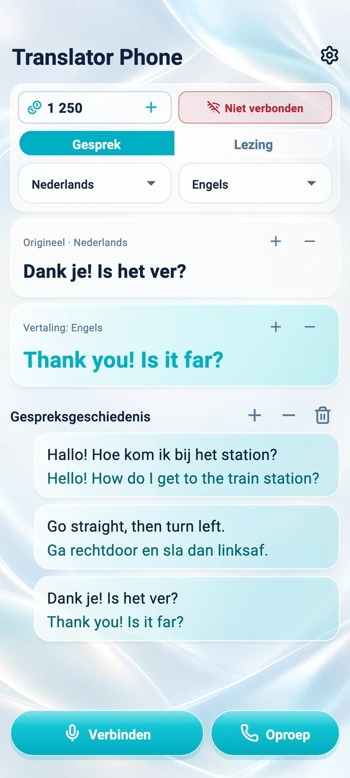 Android: scherm van de modus Gesprek in de Translator Phone-app
