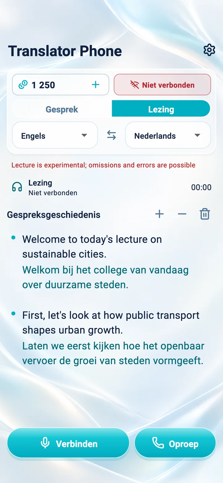 iPhone: scherm van de modus Lezing in de Translator Phone-app