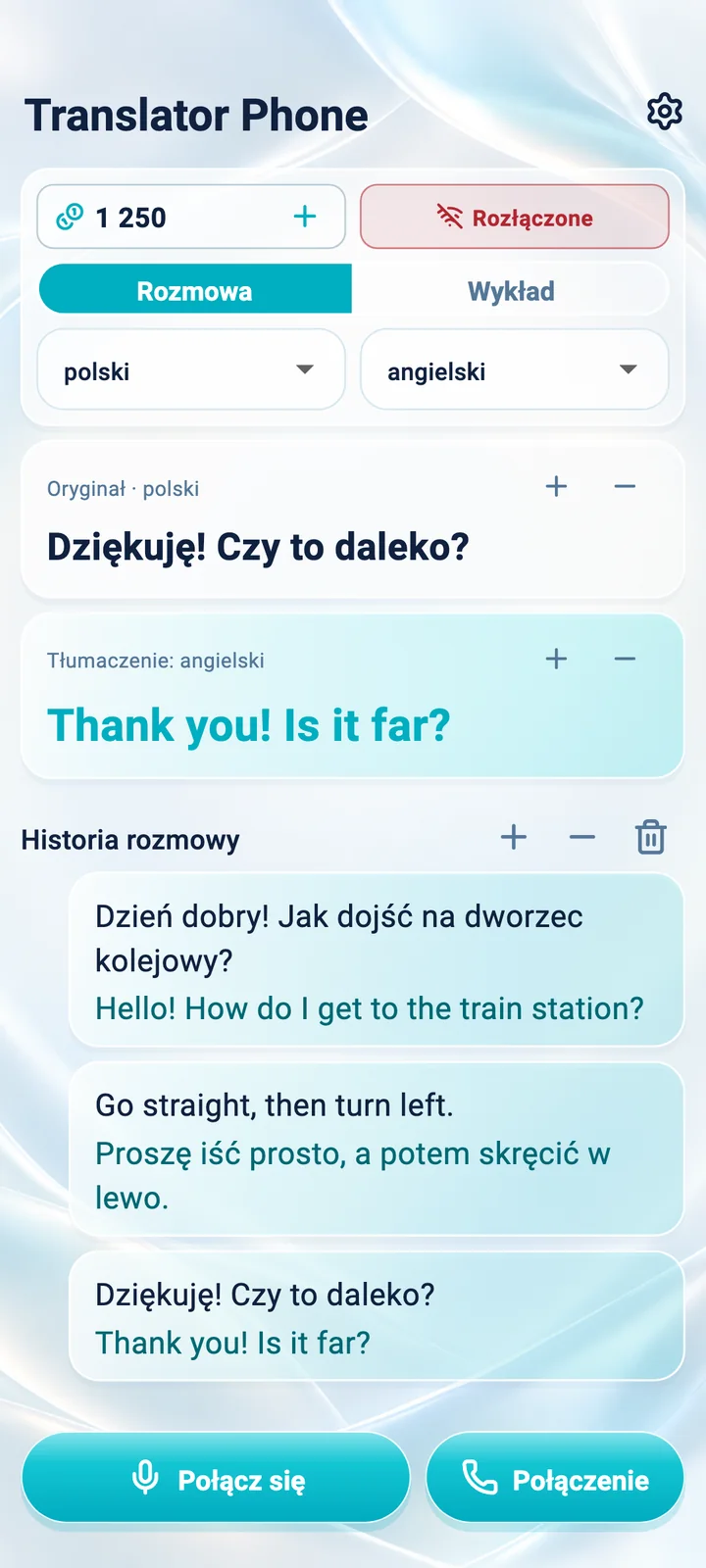 Android: ekran trybu „Rozmowa” w aplikacji Translator Phone