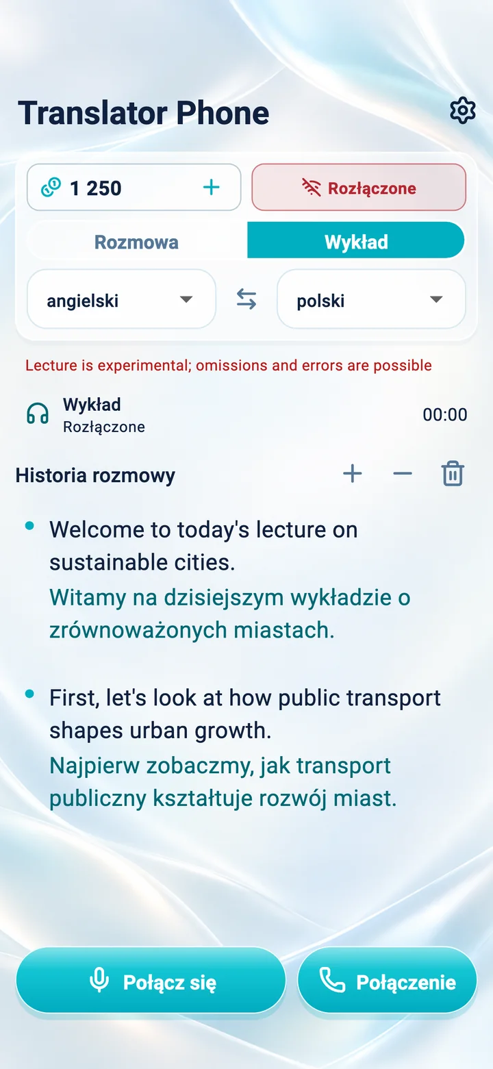 iPhone: ekran trybu „Wykład” w aplikacji Translator Phone