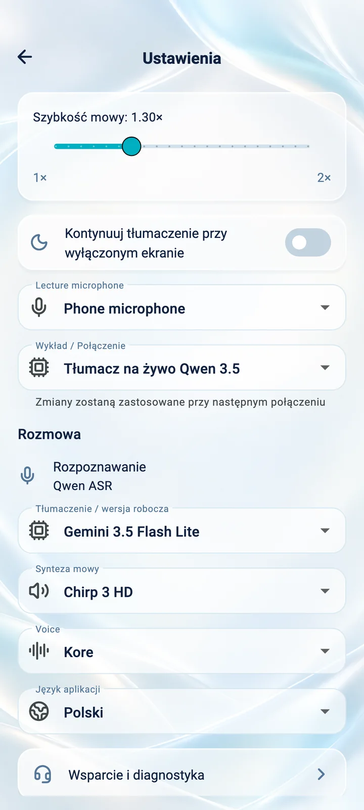 Ustawienia aplikacji Translator Phone: szybkość mowy, mikrofon, głos i język interfejsu
