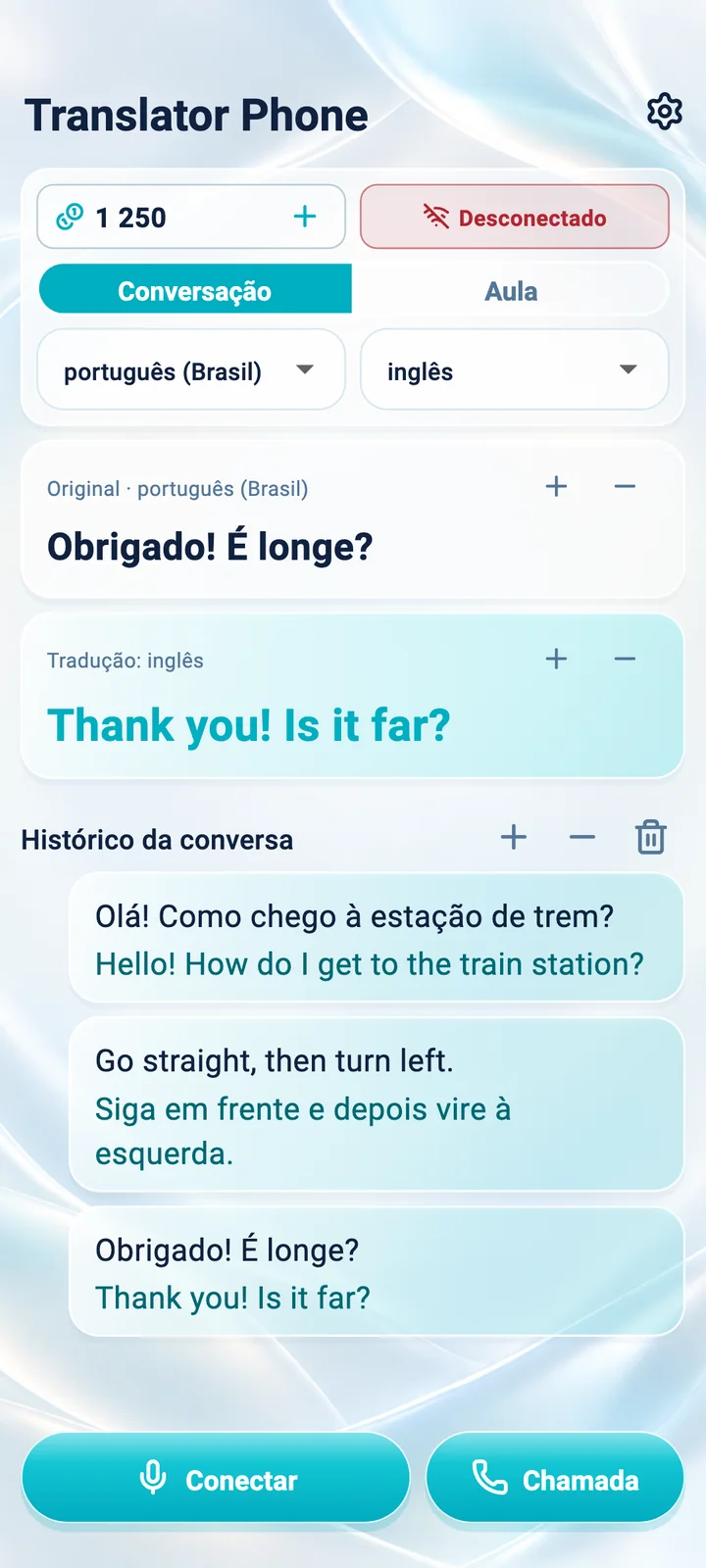 Android: tela do modo Conversação no aplicativo Translator Phone