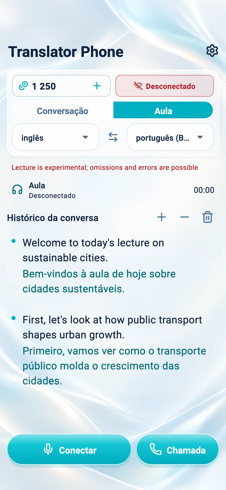 iPhone: tela do modo Aula no aplicativo Translator Phone