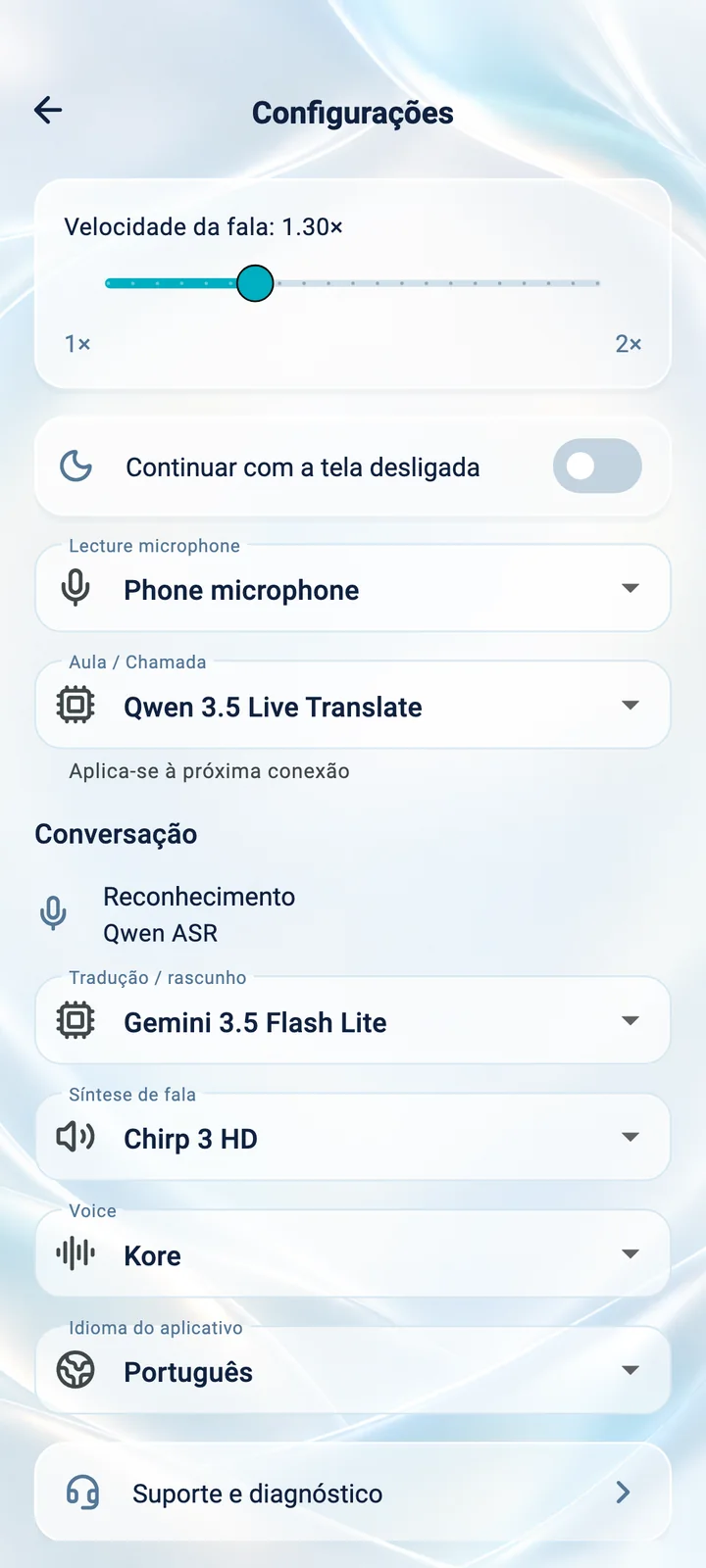 Configurações do aplicativo Translator Phone: velocidade da fala, microfone, voz e idioma da interface