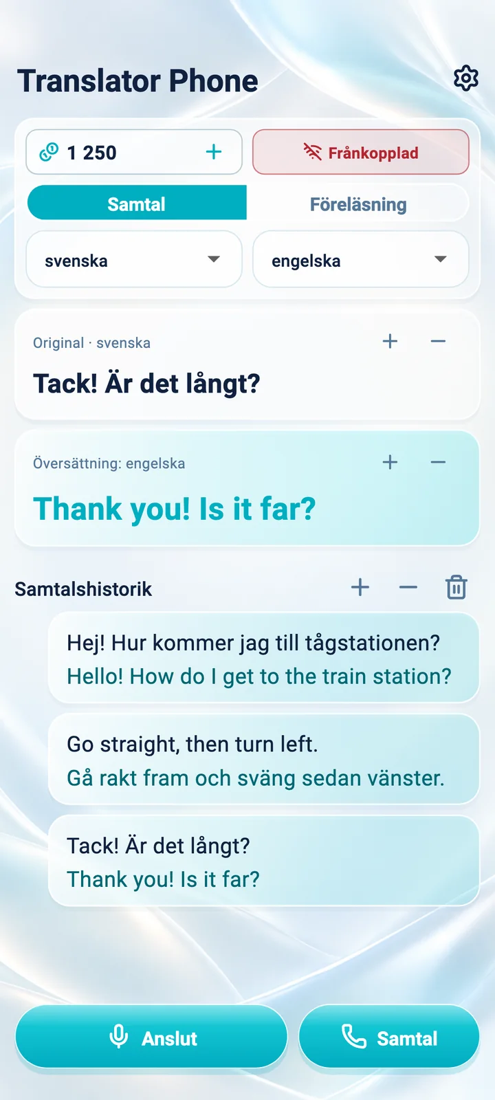 Android: skärmen för läget Samtal i appen Translator Phone