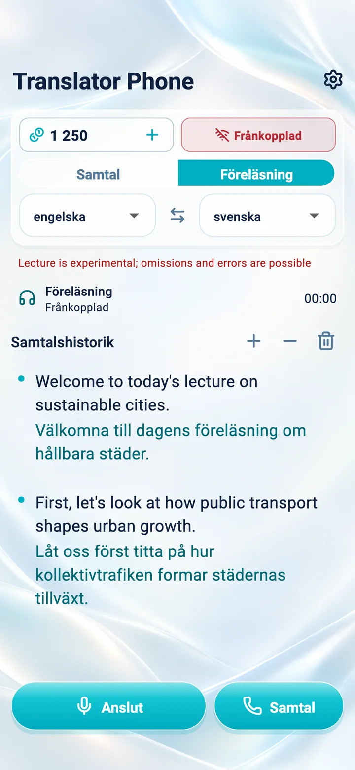 iPhone: skärmen för läget Föreläsning i appen Translator Phone