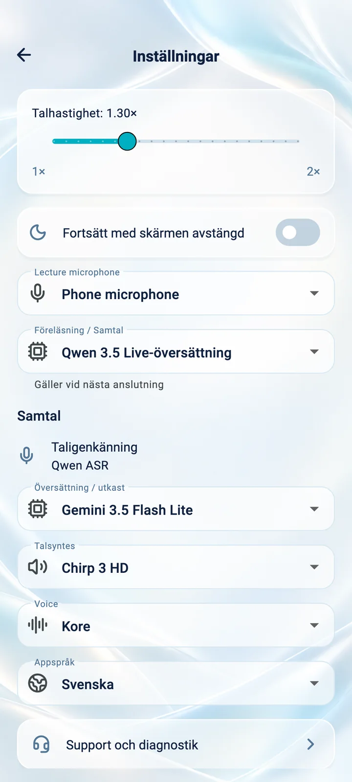 Inställningar i appen Translator Phone: talhastighet, mikrofon, röst och appspråk