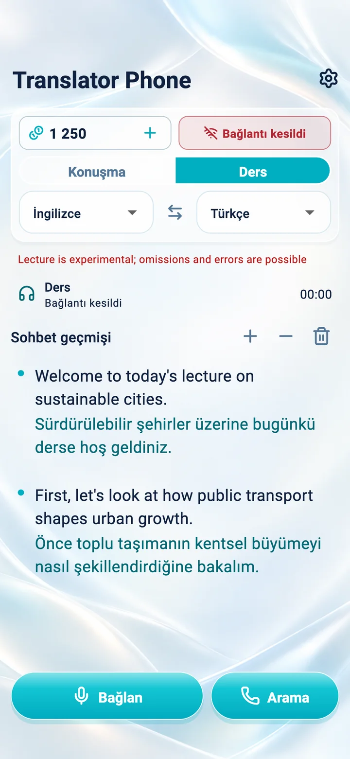 iPhone: Translator Phone uygulamasında “Ders” modu ekranı