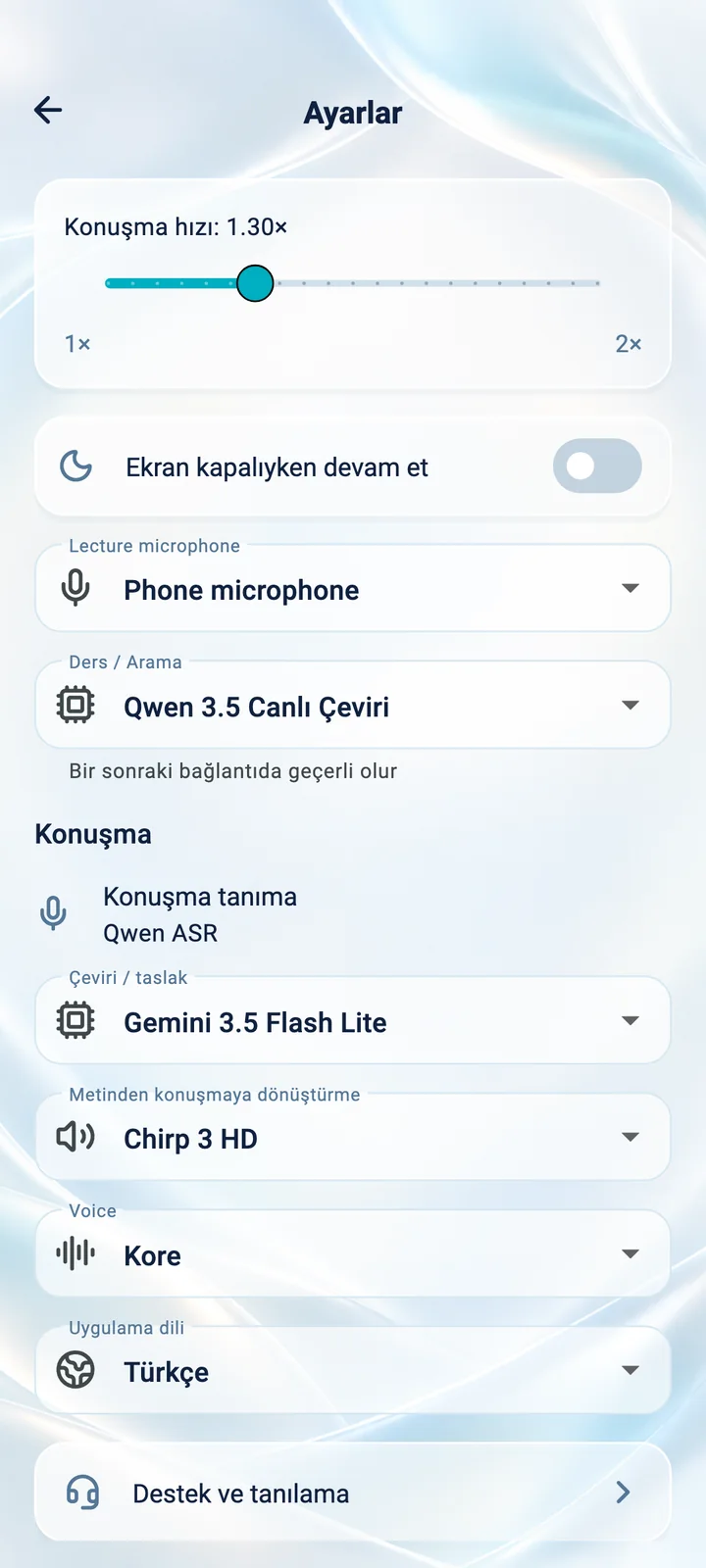 Translator Phone uygulama ayarları: konuşma hızı, mikrofon, ses ve arayüz dili