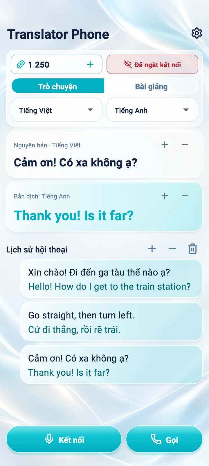 Android: màn hình chế độ Trò chuyện trong ứng dụng Translator Phone