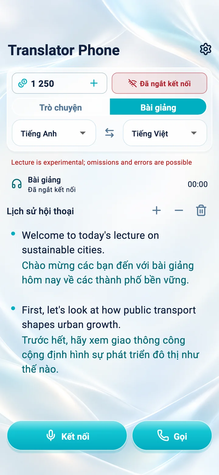 iPhone: màn hình chế độ Bài giảng trong ứng dụng Translator Phone