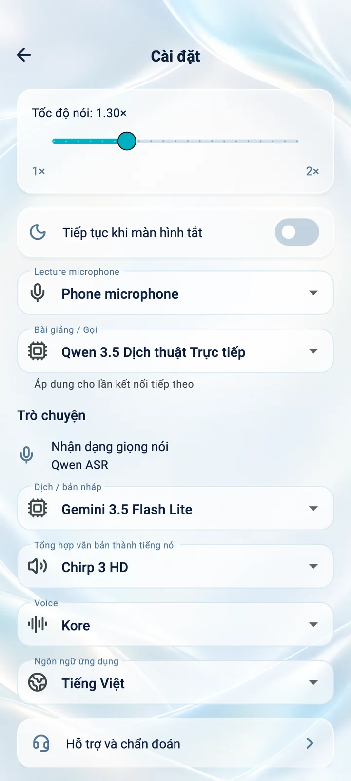 Cài đặt ứng dụng Translator Phone: tốc độ nói, micrô, giọng đọc và ngôn ngữ giao diện